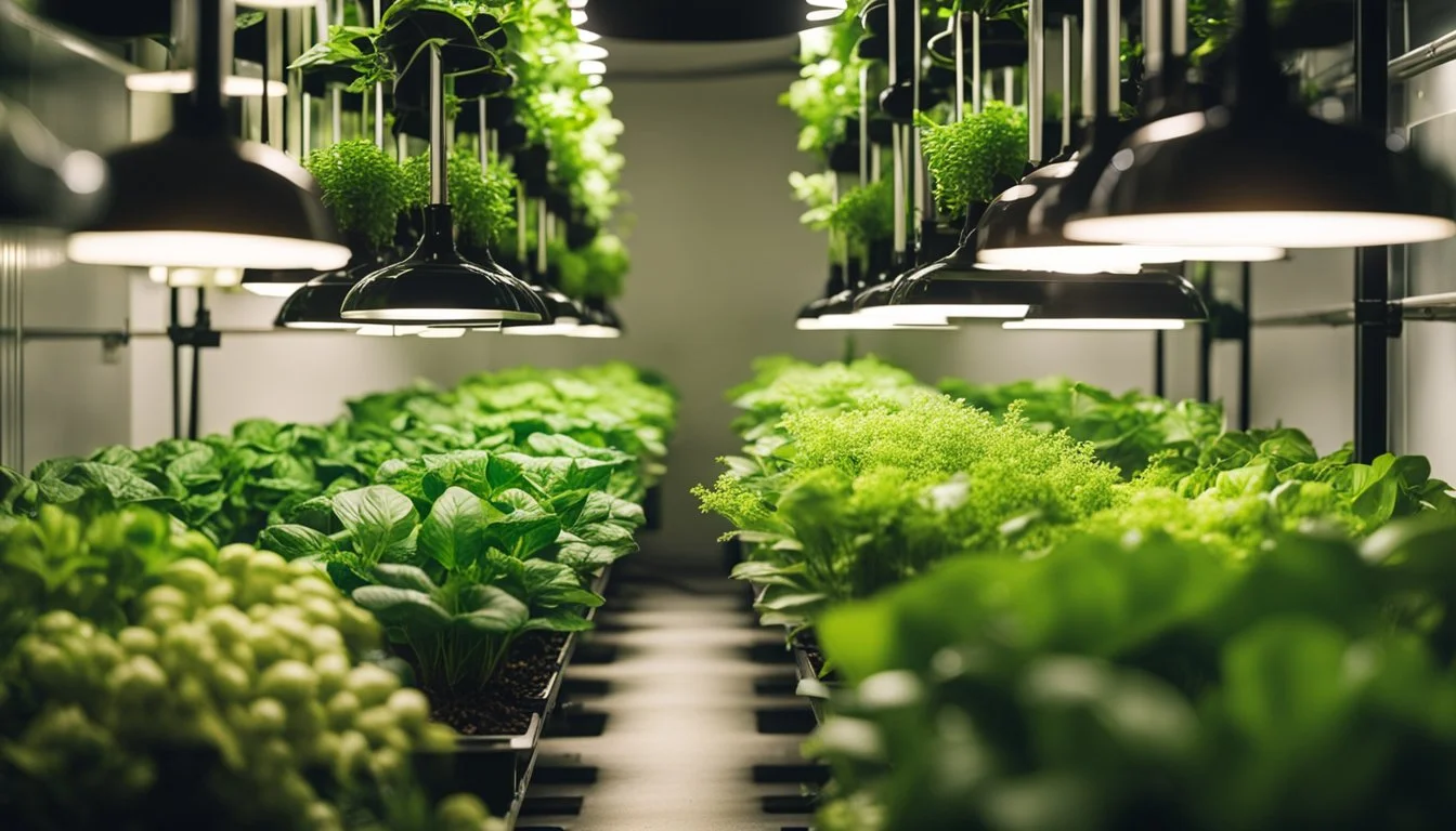 A vertical garden system with hydroponic setup and LED lights