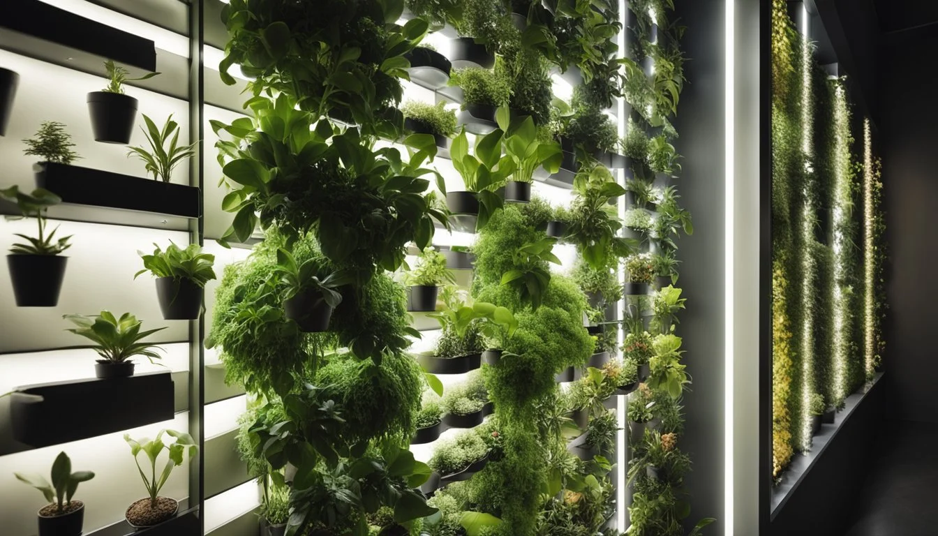 A vertical garden system with integrated lights showcasing a variety of indoor plants in a modern, well-lit space