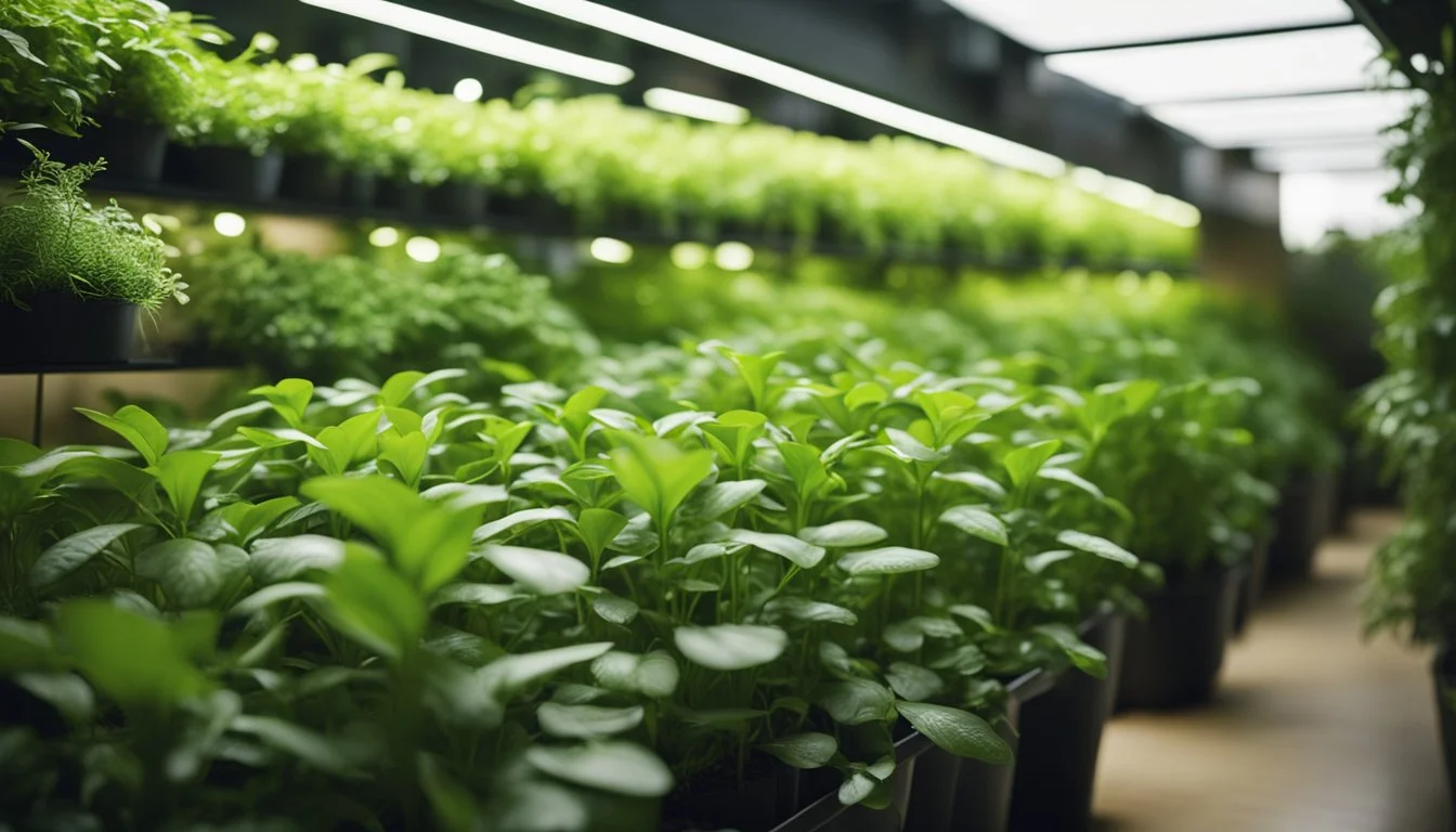 Lush green plants growing in a vertical garden, illuminated by artificial lights in an indoor setting. Nutrient management system visible in the background