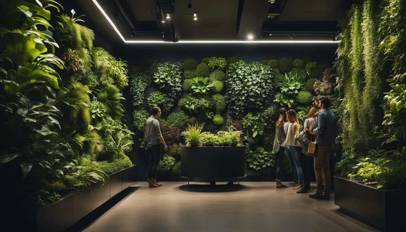 A modern indoor vertical garden system with integrated lights and various plants, surrounded by curious onlookers