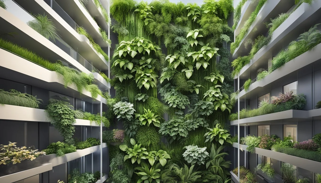 Lush greenery cascades down a tall, structured wall, showcasing a variety of thriving plants in a vertical garden