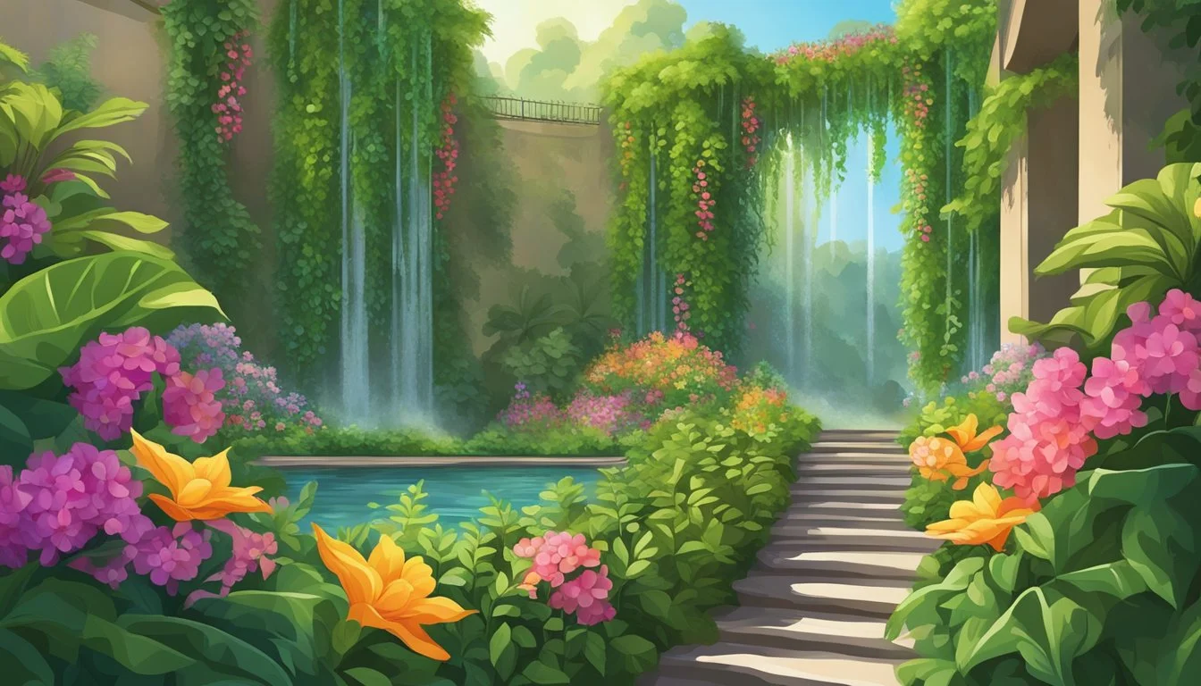 Lush greenery cascades down a vertical garden, with vibrant flowers and leafy vines flourishing in the sunlight