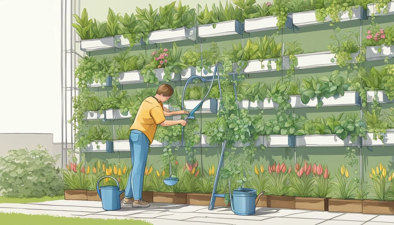 A person uses a watering can to water plants growing vertically on a wall-mounted garden structure