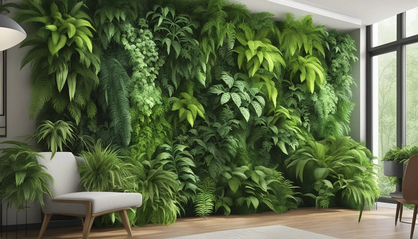 Lush greenery cascades down a vertical surface, with ferns, pothos, and spider plants flourishing in the indoor living wall