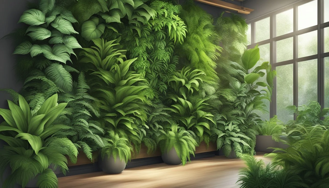 Lush greenery cascades down a vertical wall, with a variety of plants such as ferns, pothos, and spider plants thriving in the indoor environment