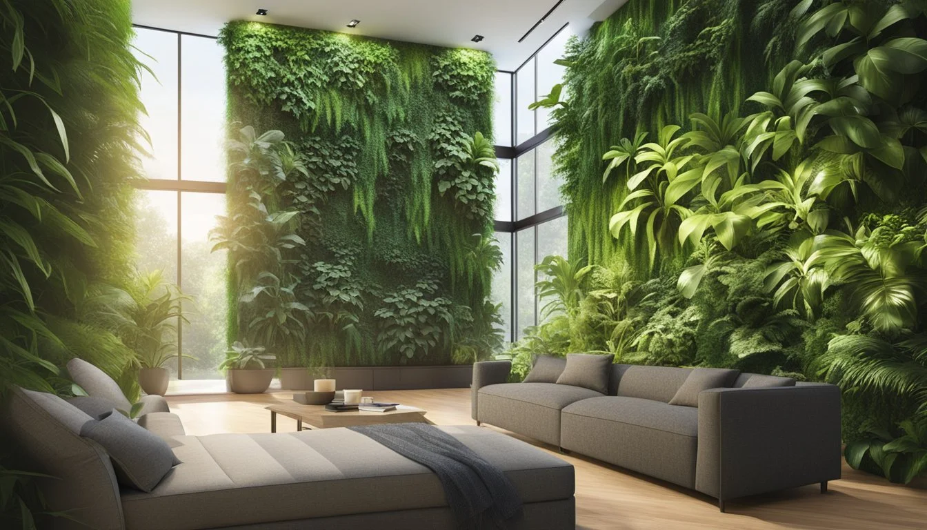 Lush green plants cascade down a well-lit indoor living wall, bathed in soft natural light with perfect exposure