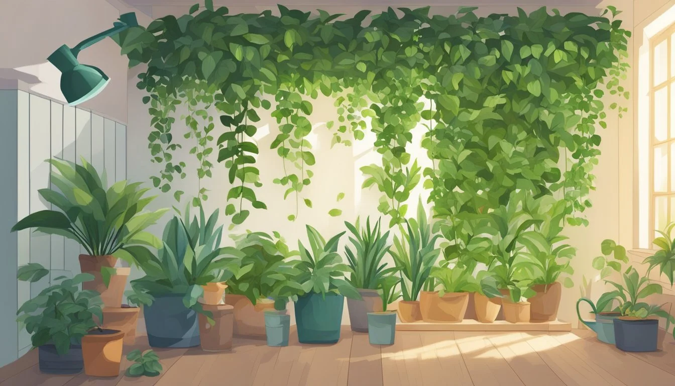 Lush green plants cascade down a vertical indoor wall, basking in the soft glow of natural light. A watering can and pruning shears sit nearby for regular maintenance