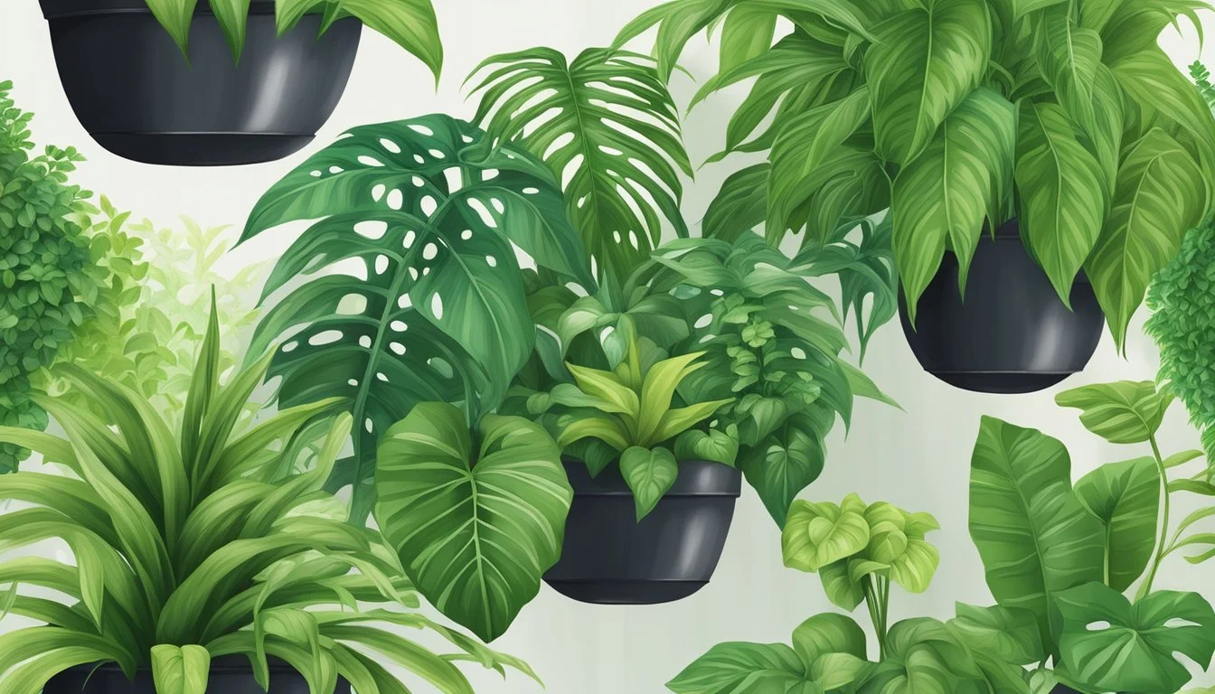 Lush greenery cascades down a vertical wall, featuring a variety of popular indoor plants such as pothos, ferns, and spider plants