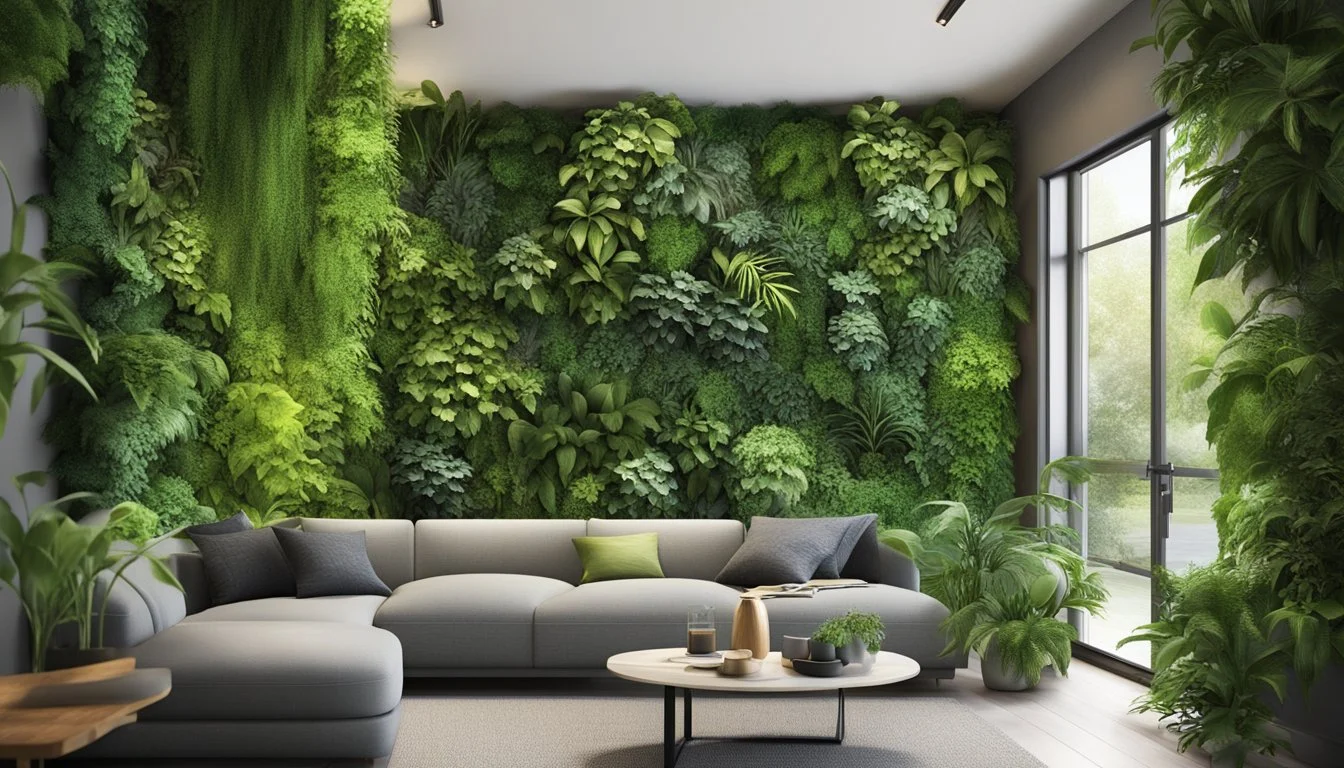 A variety of lush, green plants cascading down a vertical surface, creating a vibrant and natural indoor living wall