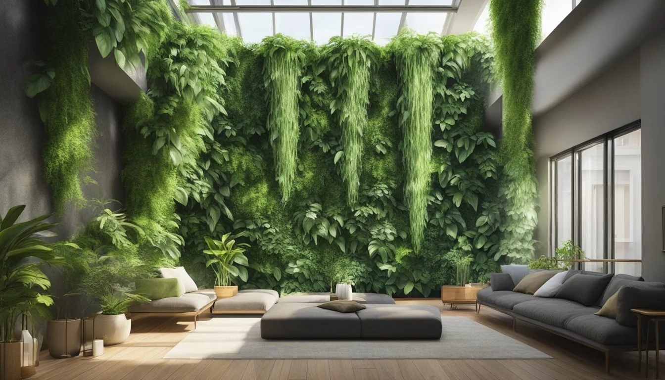 Lush green plants cascading down a vertical wall, thriving in the natural light of a well-lit indoor space