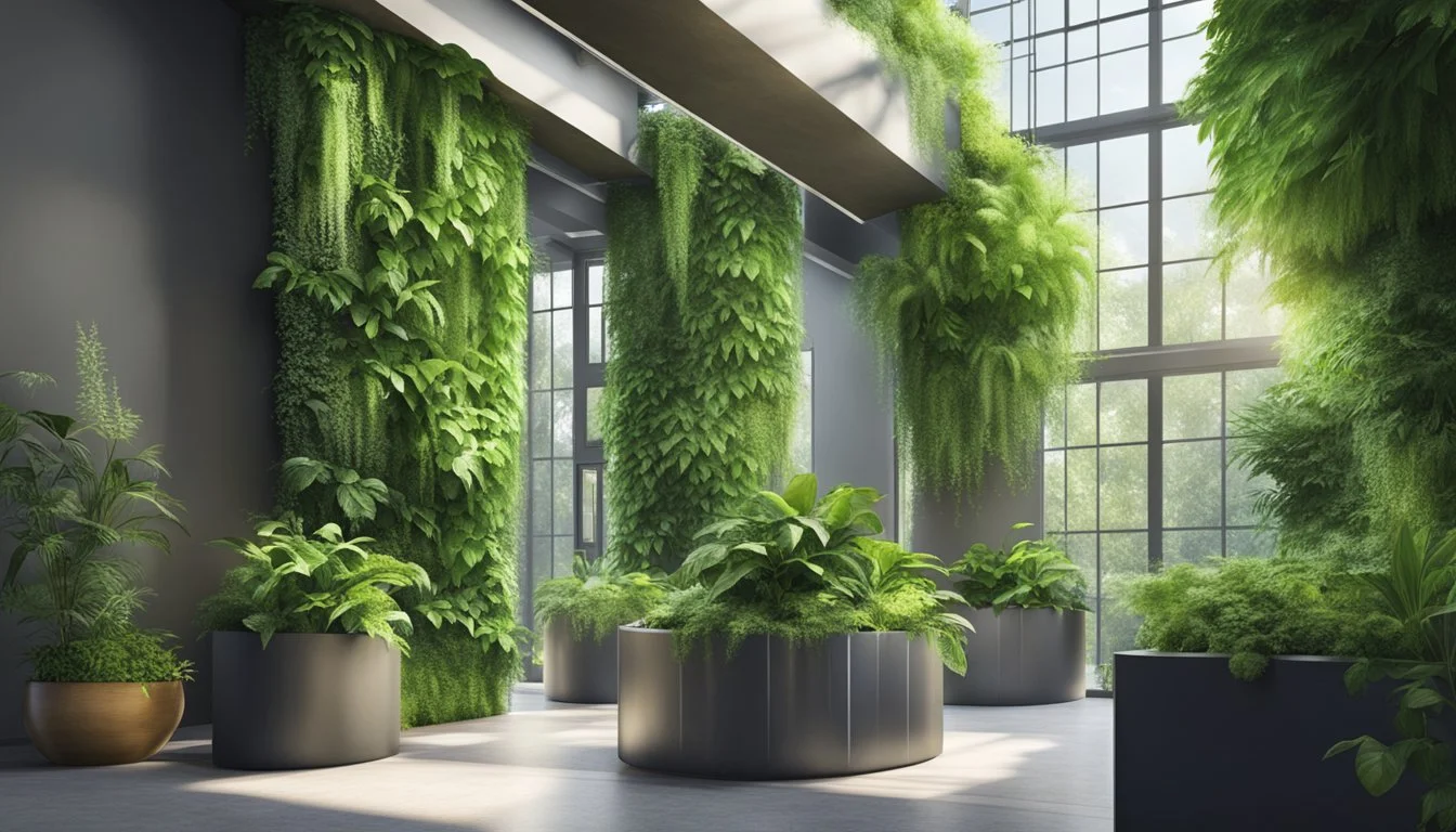 Lush green plants cascading down a vertical wall, thriving in a well-lit indoor space