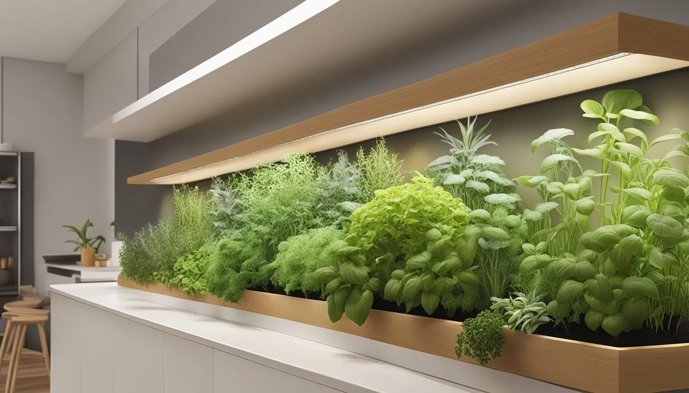 A wall-mounted indoor herb garden with built-in light, featuring a variety of herbs thriving in the warm glow