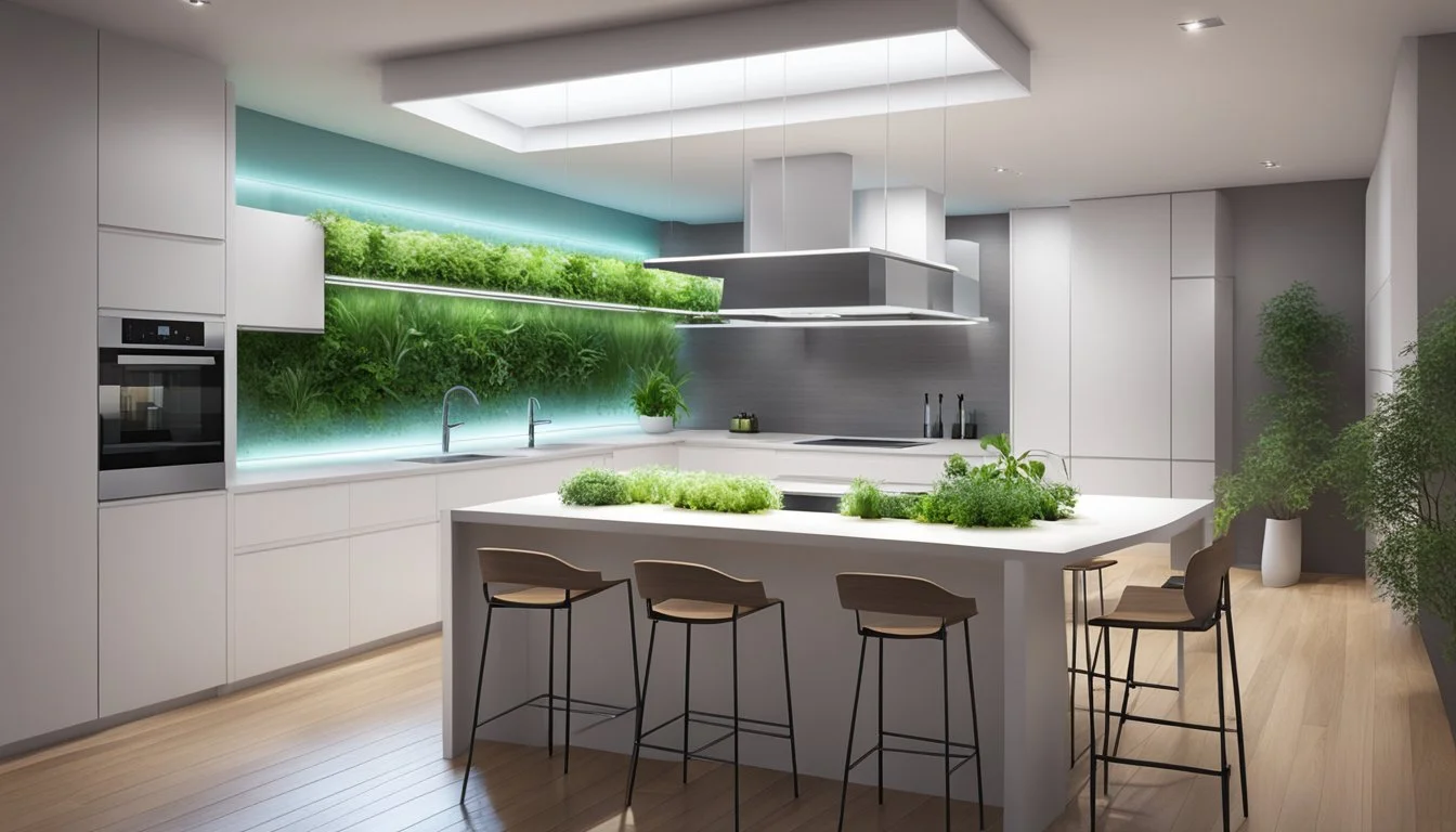 A modern kitchen with a sleek wall-mounted herb garden, softly illuminated by integrated LED lights