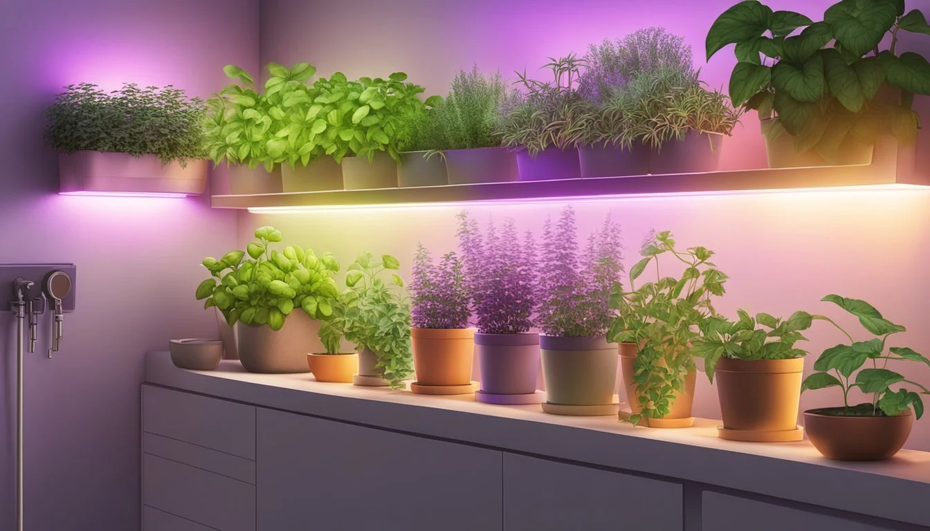 A wall-mounted herb garden is illuminated by grow lights, casting a warm glow over the indoor plants