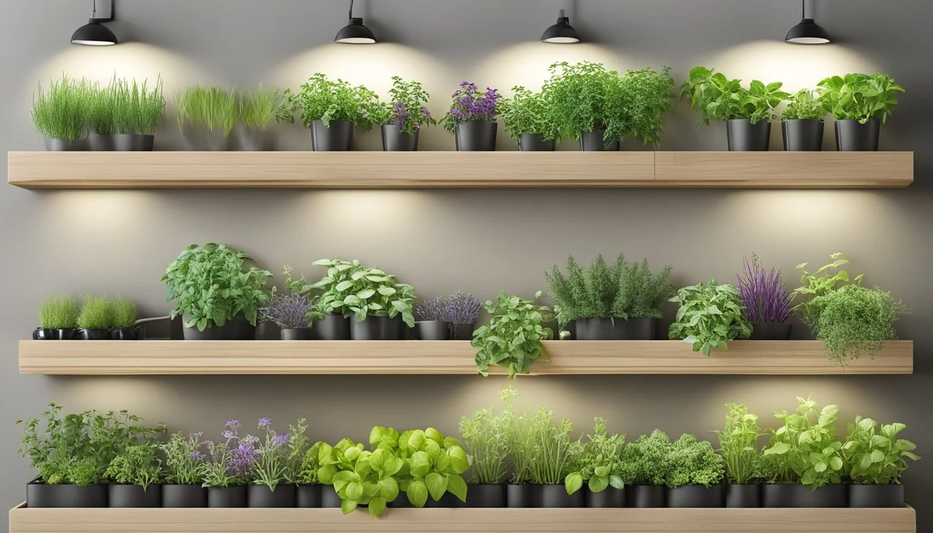 A wall-mounted indoor herb garden with a built-in light, featuring a variety of suitable herbs and plants arranged in a stylish and functional display