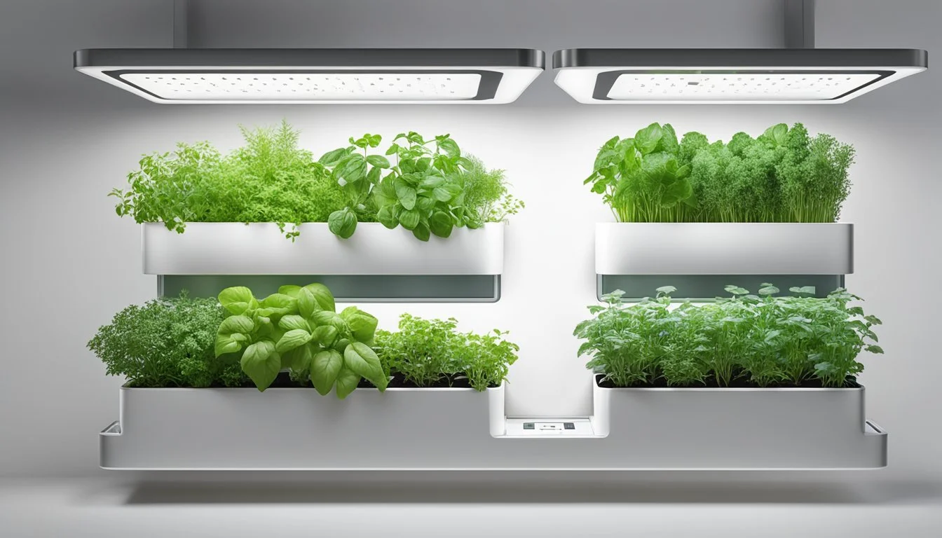 A sleek, wall-mounted herb garden with built-in lighting, featuring smart technology for indoor cultivation