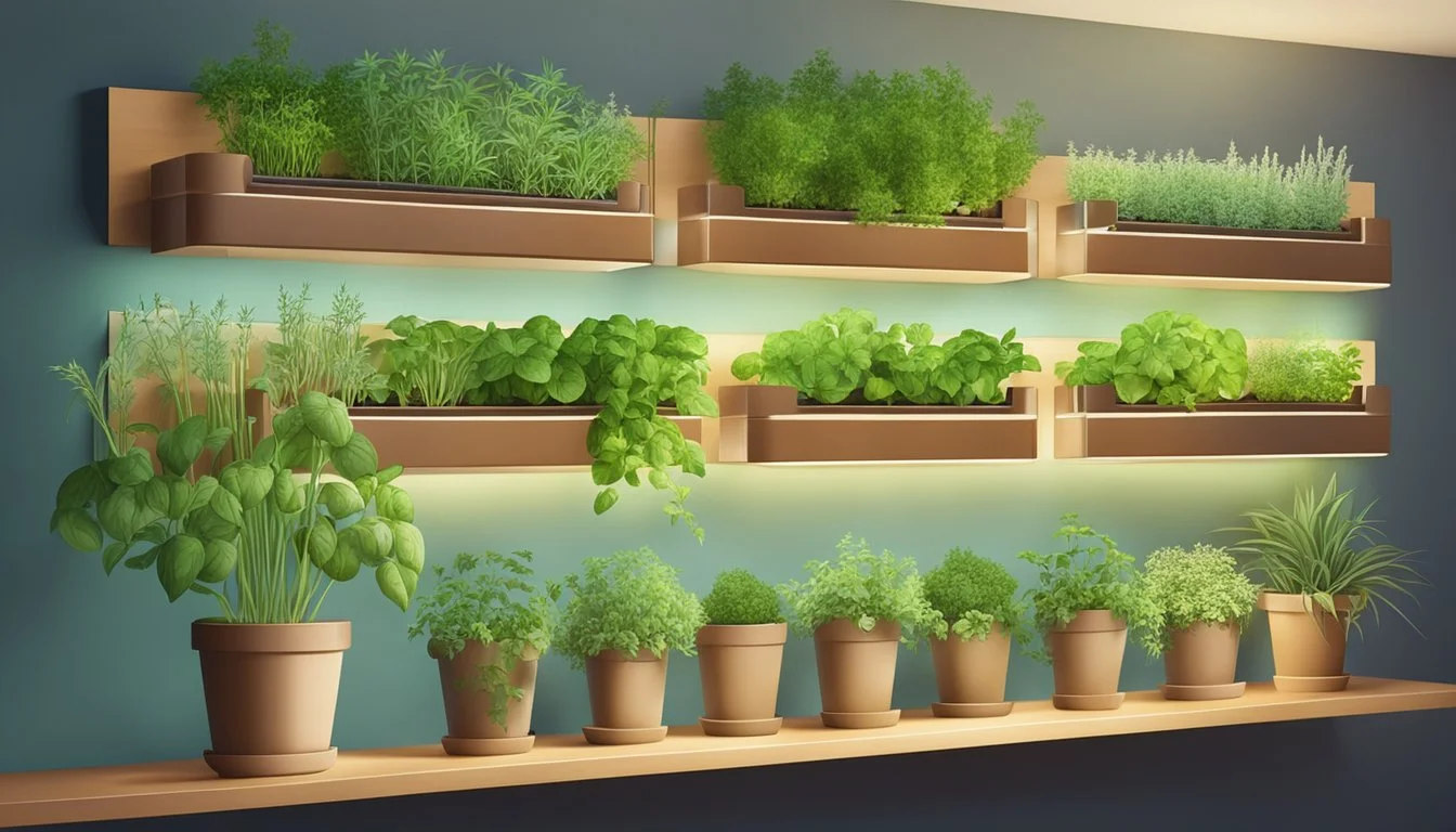 A wall-mounted indoor herb garden is illuminated by a soft, warm light, with various herbs growing in small, individual pots