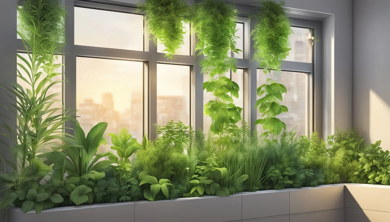 Lush green herbs grow in the Harvest wall-mounted garden, basking in the warm glow of the built-in light