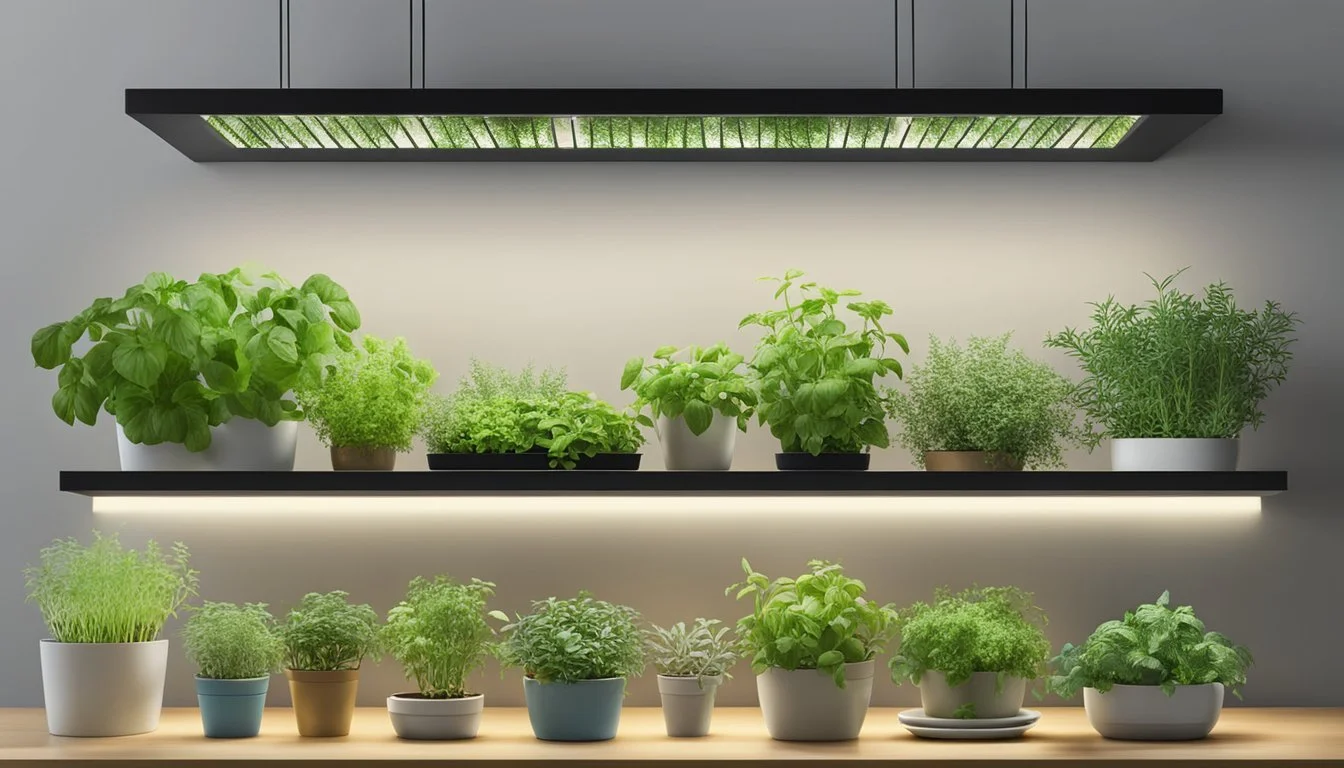 A wall-mounted indoor herb garden with integrated lighting