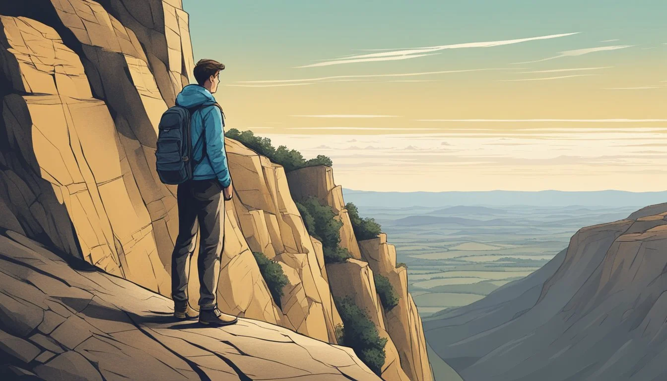 A figure standing confidently at the edge of a cliff, looking out at a vast, open landscape below. The figure exudes determination and resilience