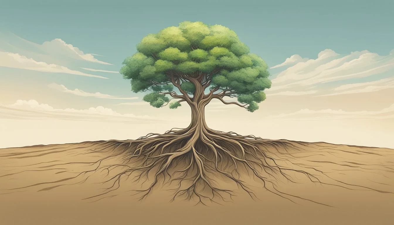 A lone tree stands tall amidst a barren landscape, its roots firmly grounded as it reaches towards the sky, symbolizing the self confidence and resilience required in entrepreneurship