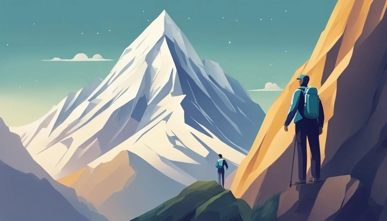 A figure standing at the base of a mountain, looking up at the peak with determination and confidence. The mountain represents the goal of entrepreneurship, and the figure's posture conveys self-assuredness and readiness to conquer the challenge