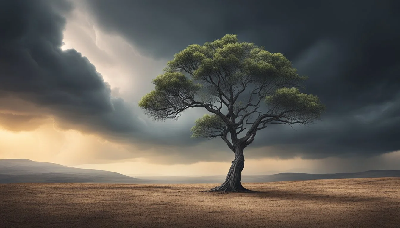 A lone tree standing tall amidst a barren landscape, with dark storm clouds looming overhead, symbolizing the challenges to entrepreneurial confidence