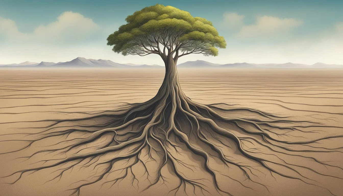 A lone tree standing tall amidst a barren landscape, with its roots deeply embedded in the ground, symbolizing the importance of self-confidence for personal growth and development