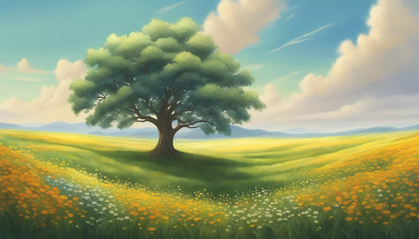 A lone tree standing tall and proud amidst a field of wildflowers, symbolizing the importance of self confidence for personal growth and development