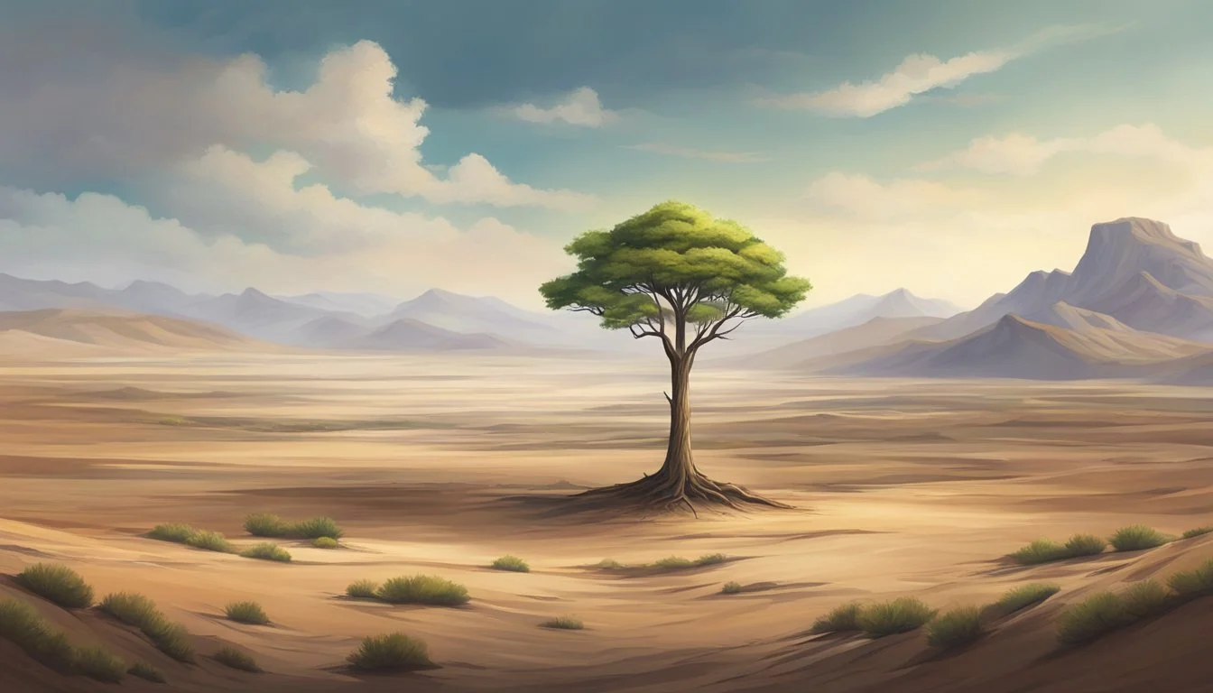 A lone tree growing tall and strong amidst a barren landscape, symbolizing the growth and success that comes from self-confidence