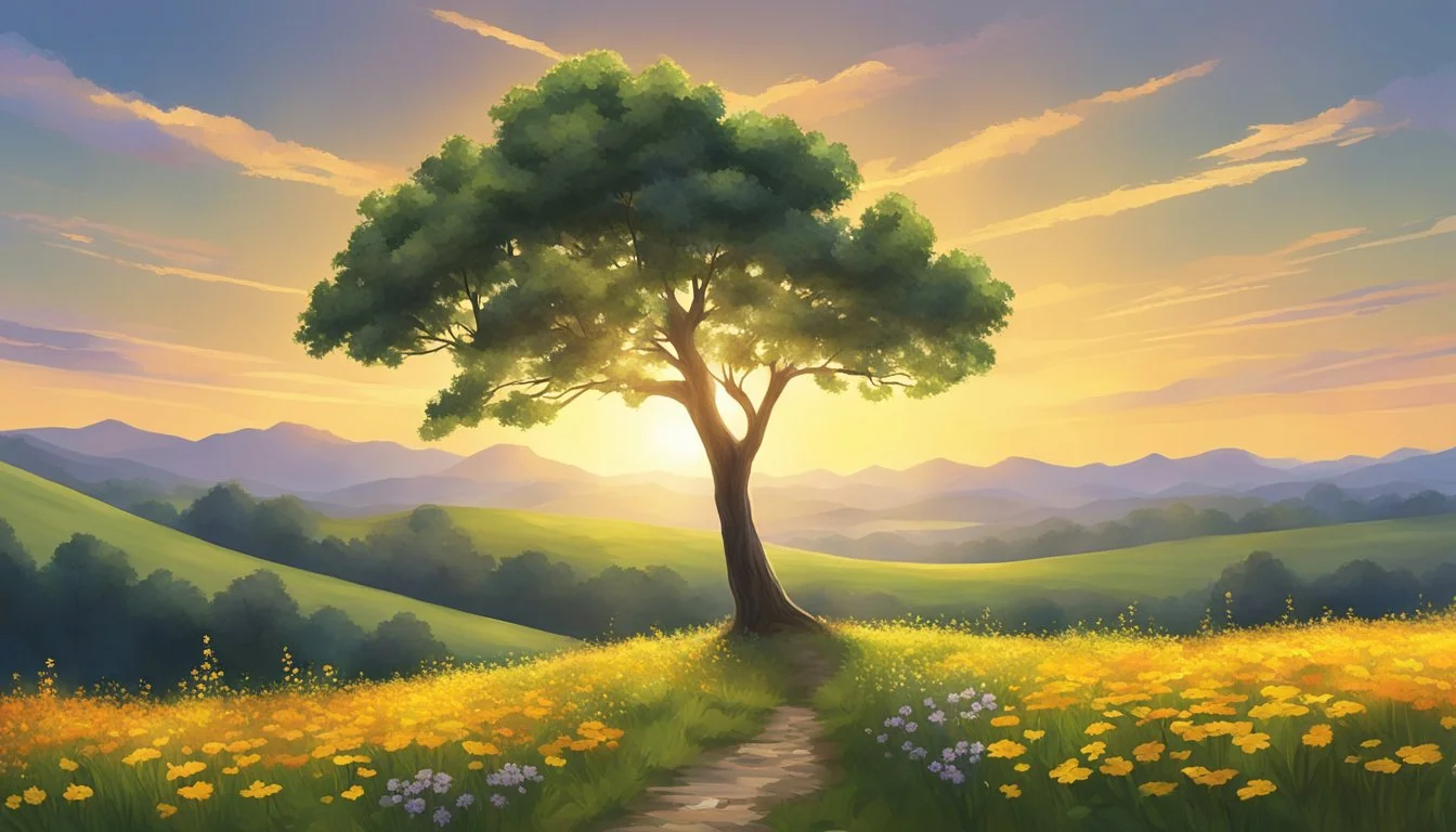 A lone tree standing tall and strong in a field of wildflowers, with the sun shining brightly overhead