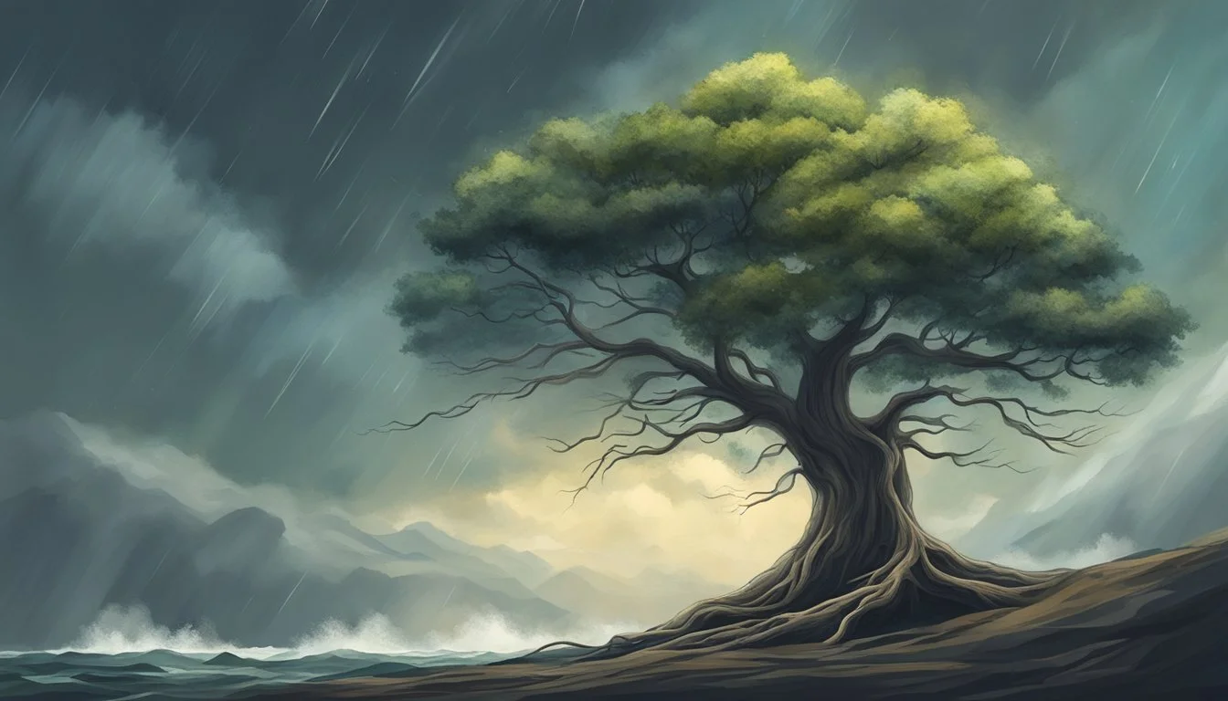 A lone tree standing tall and strong amidst a storm, its roots firmly grounded as it withstands the powerful winds and rain, symbolizing the resilience and strength that self-confidence brings