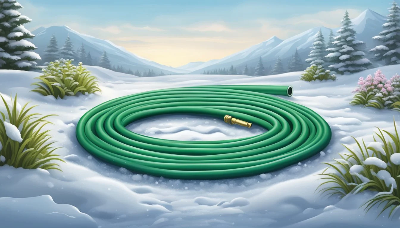 A garden hose lies coiled on frozen ground, surrounded by snow-covered plants and a frosty landscape