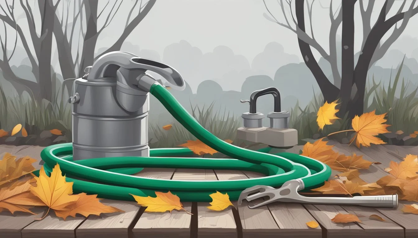 A garden hose lies coiled on a wooden deck beside a faucet, surrounded by fallen leaves and a few scattered gardening tools. In the background, trees stand bare against a gray sky, hinting at the approach of winter