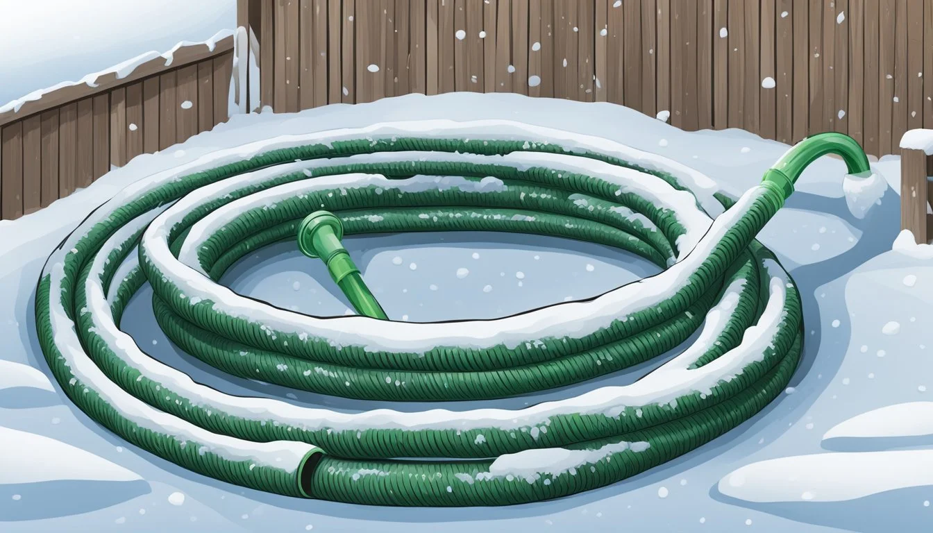 A garden hose is left outside in winter, coiled up and covered in snow