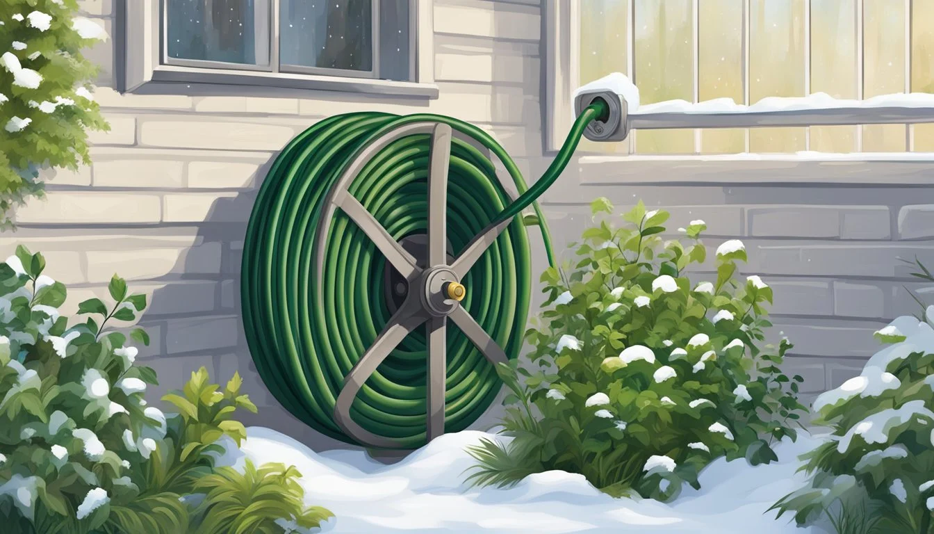 A coiled garden hose is draped over a wall-mounted hose reel, protected by a weatherproof cover. Snow covers the ground and nearby plants