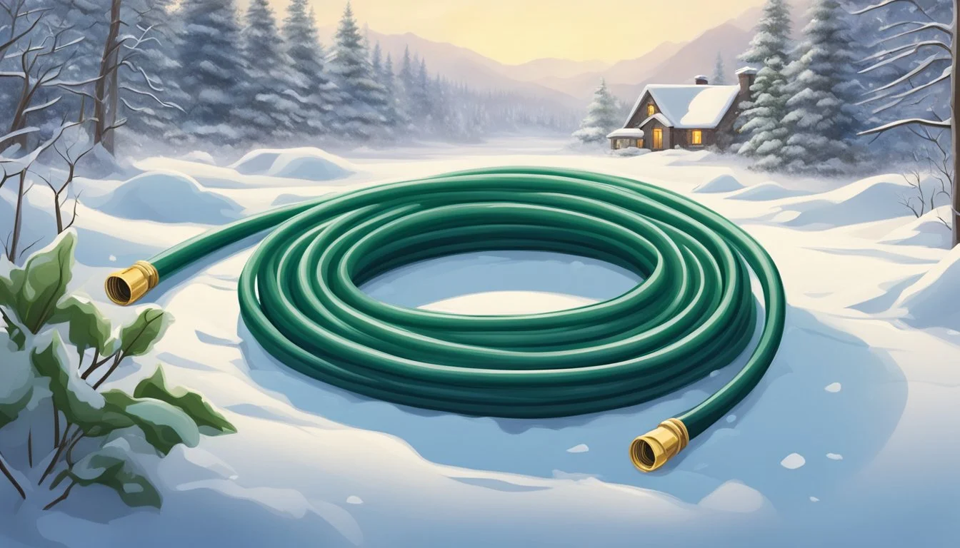 A coiled garden hose sits outside in the snow, surrounded by frozen plants and a winter landscape