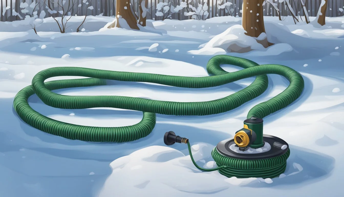 A garden hose lies coiled on a snowy patio, connected to a faucet with a protective cover. Nearby, a small heater keeps the water lines from freezing