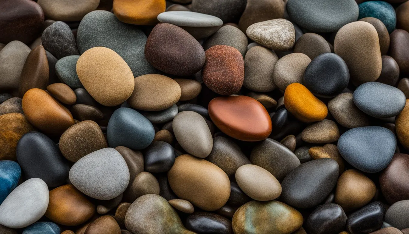 A pile of smooth, colorful rocks in a well-prepared yard.