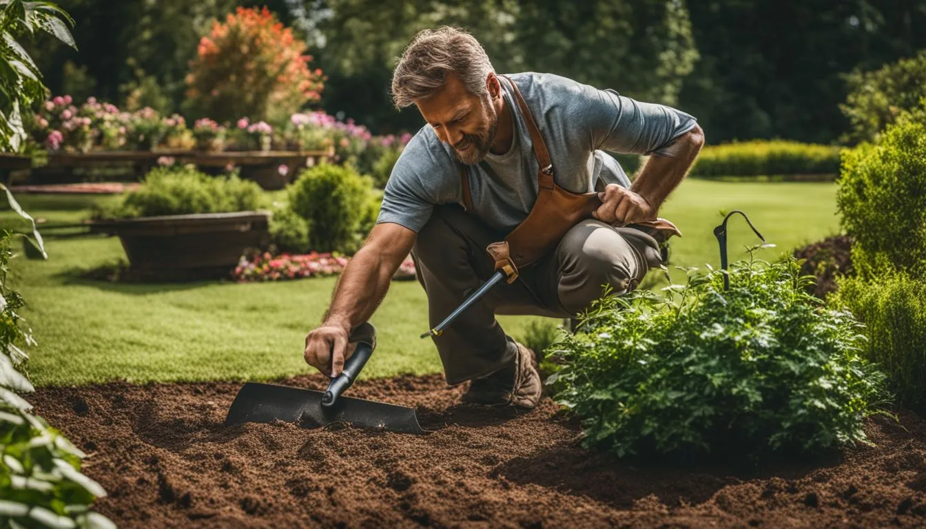 A gardener using a flat-blade digging tool to edge a garden bed.