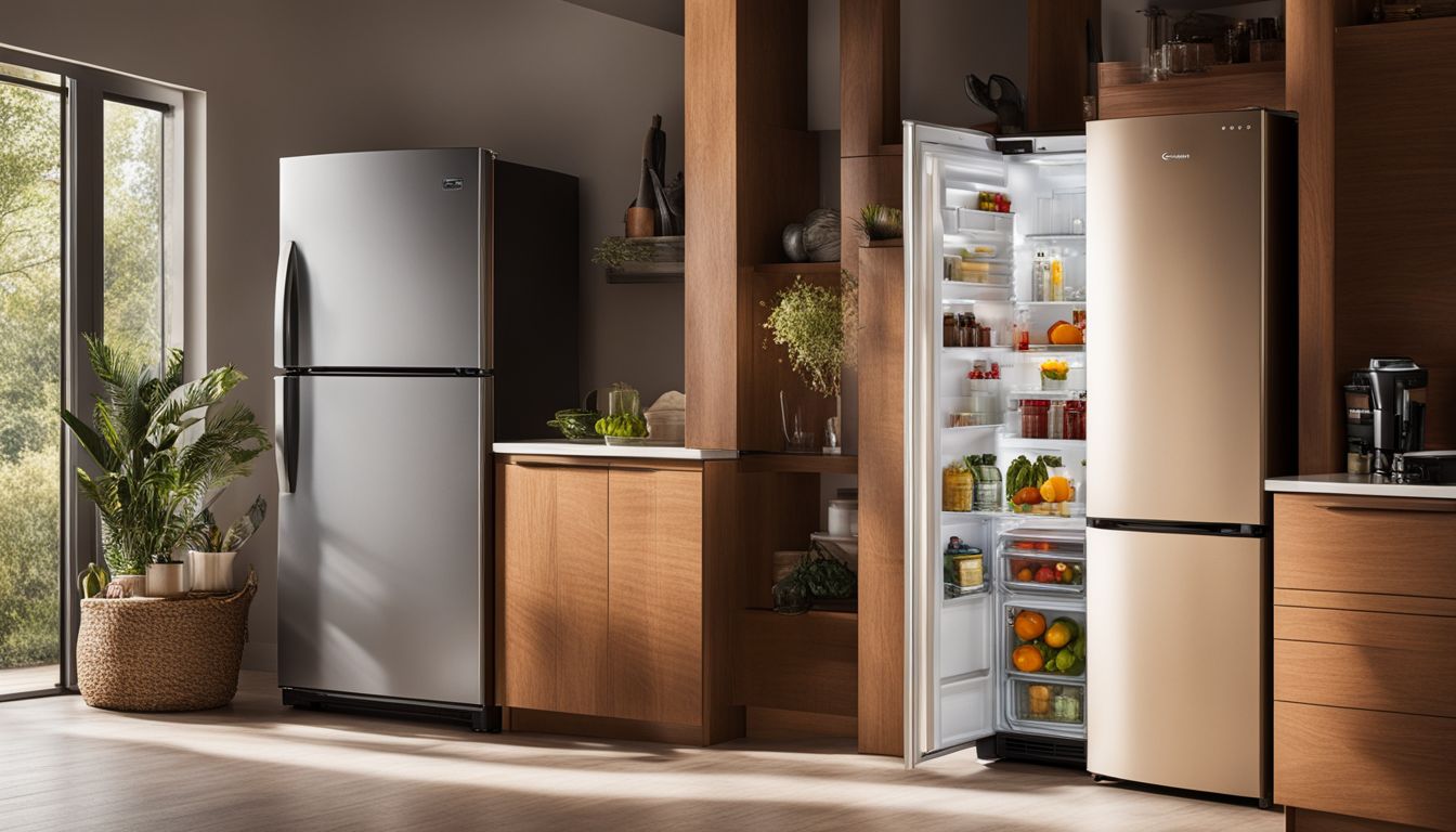 A solar-powered refrigerator in a sunlit kitchen with various people.