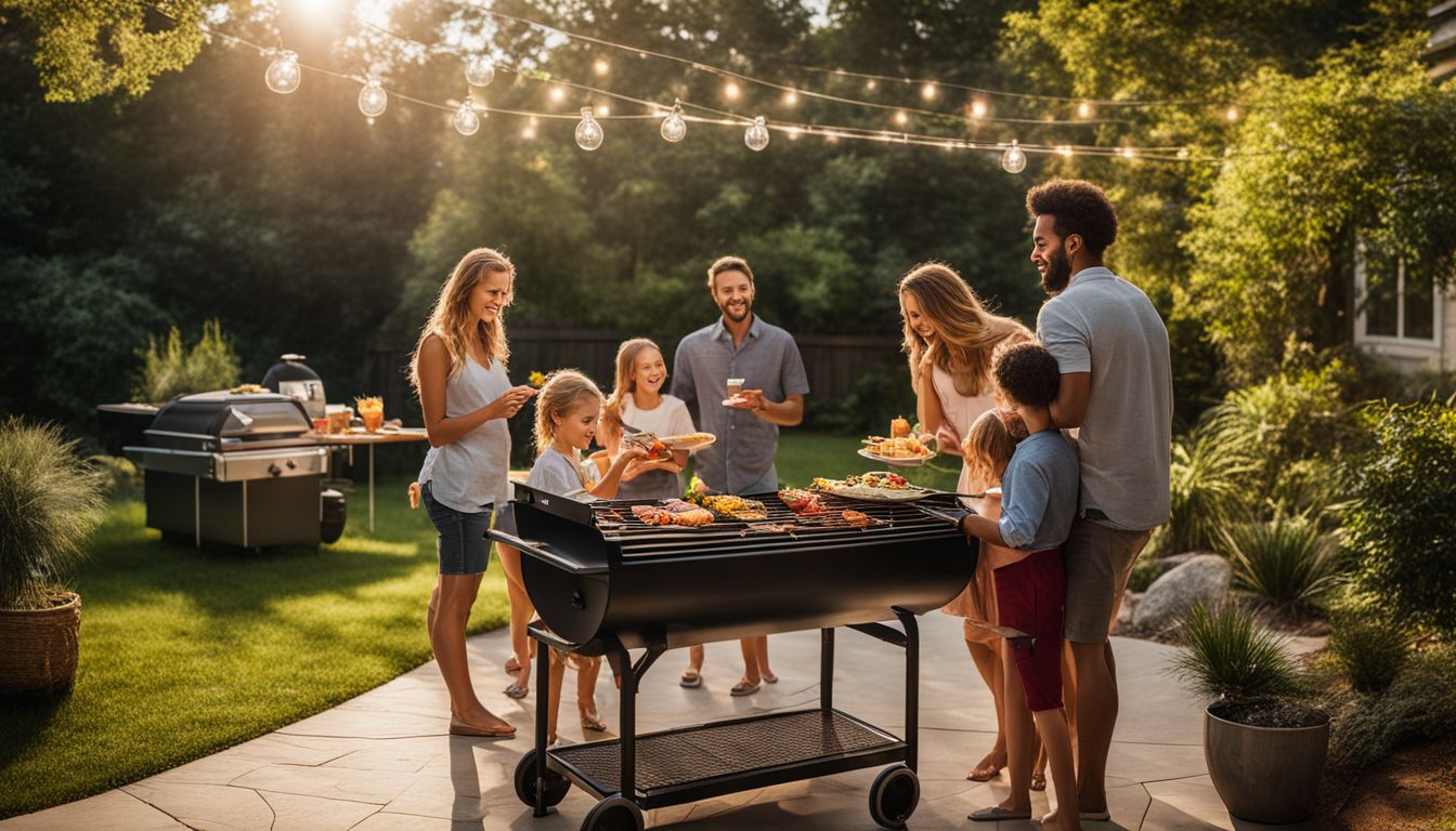 A family enjoying a solar-powered outdoor barbecue in a lush backyard.