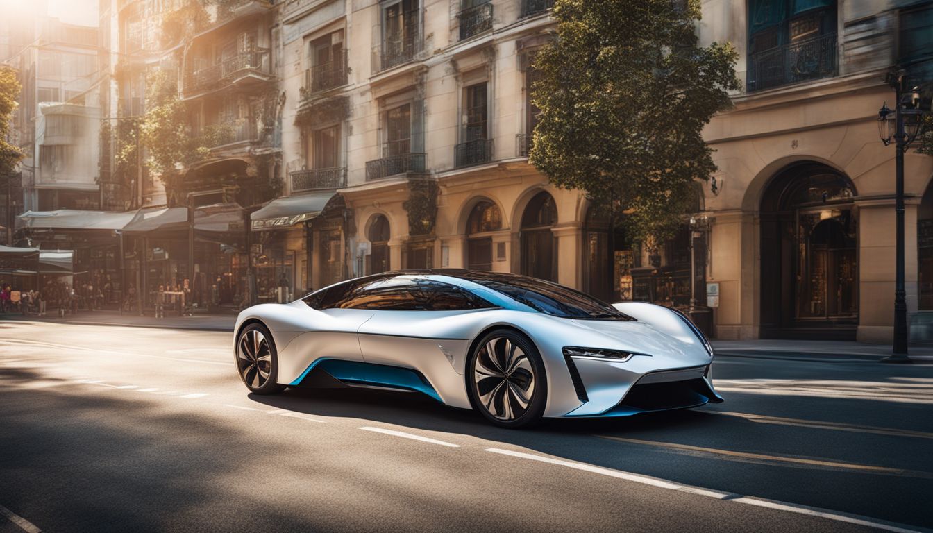 A futuristic electric car covered in efficient solar panels driving through a sunny city.