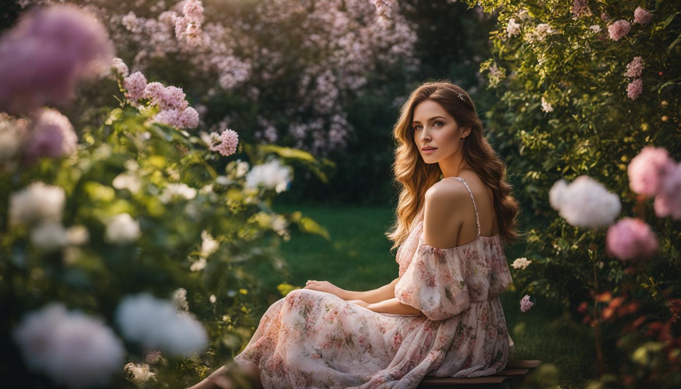 A woman enjoying a peaceful garden surrounded by flowers.