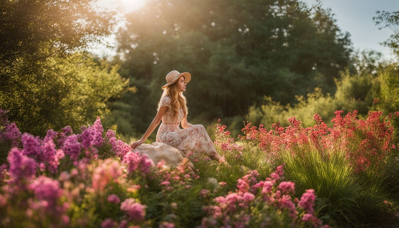 A person enjoying the peaceful garden surrounded by flowers and trees.